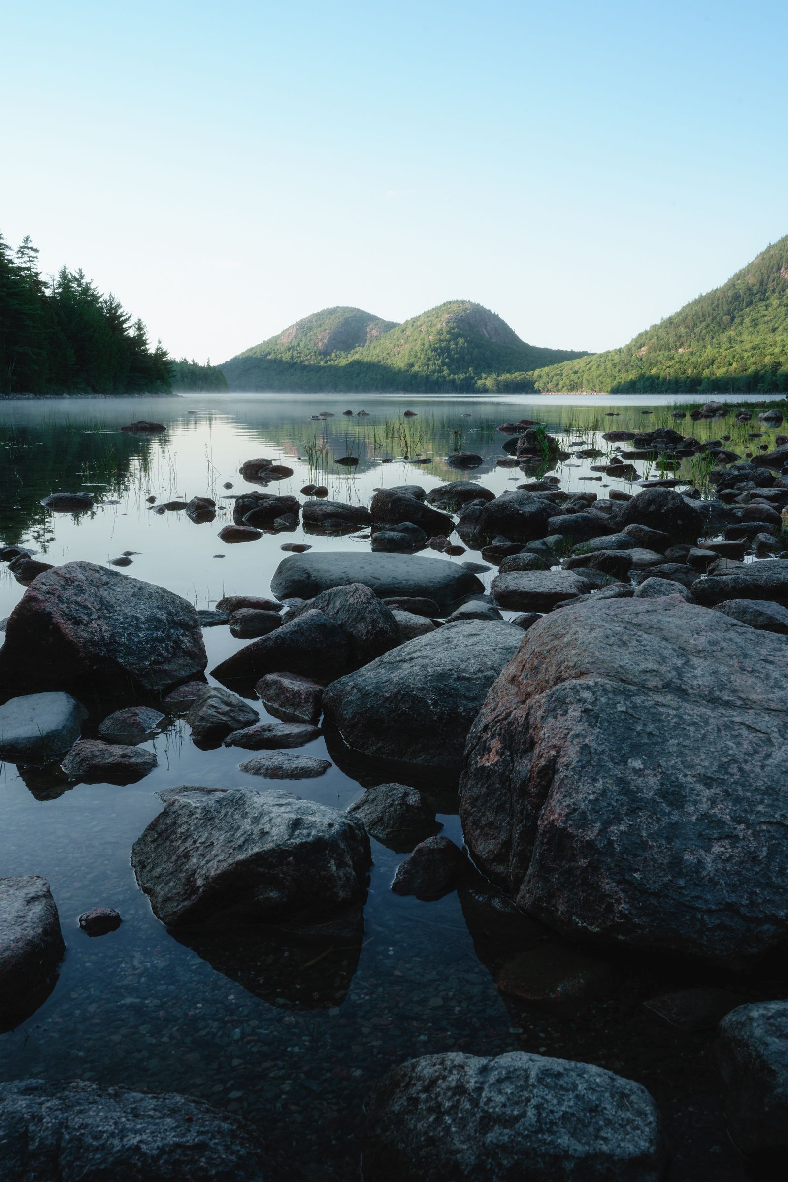 Morning mist on Jordan Pond with the Bubbles in Acadia National Park