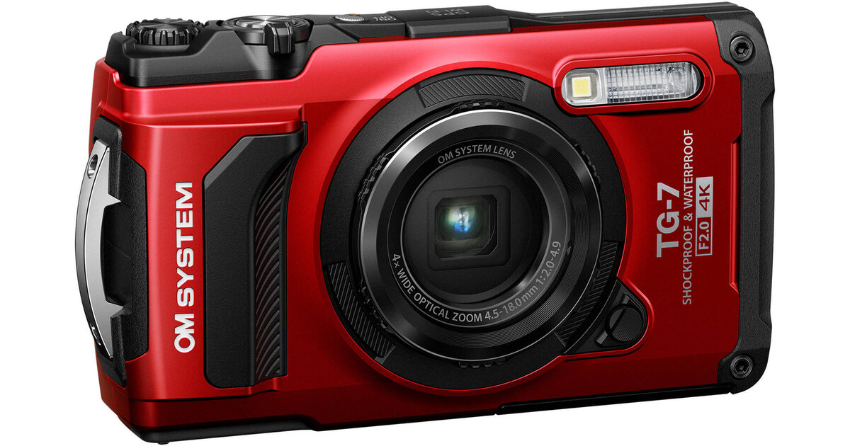 OM System Tough TG-7 waterproof compact camera in red, front three-quarter view