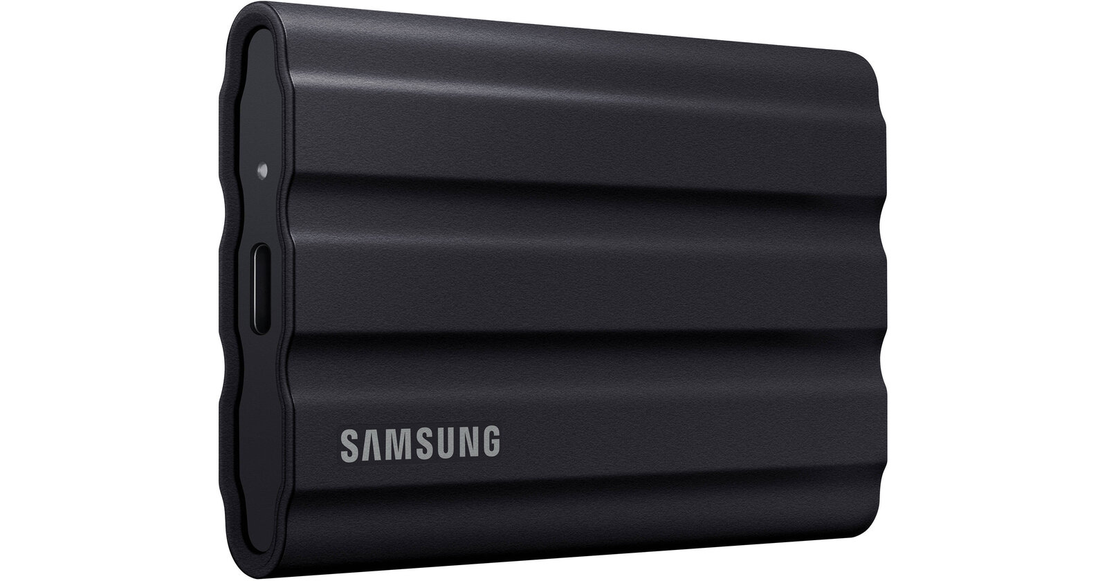 Black Samsung T7 Shield 2TB portable SSD with ridged rubberized shell and USB-C port