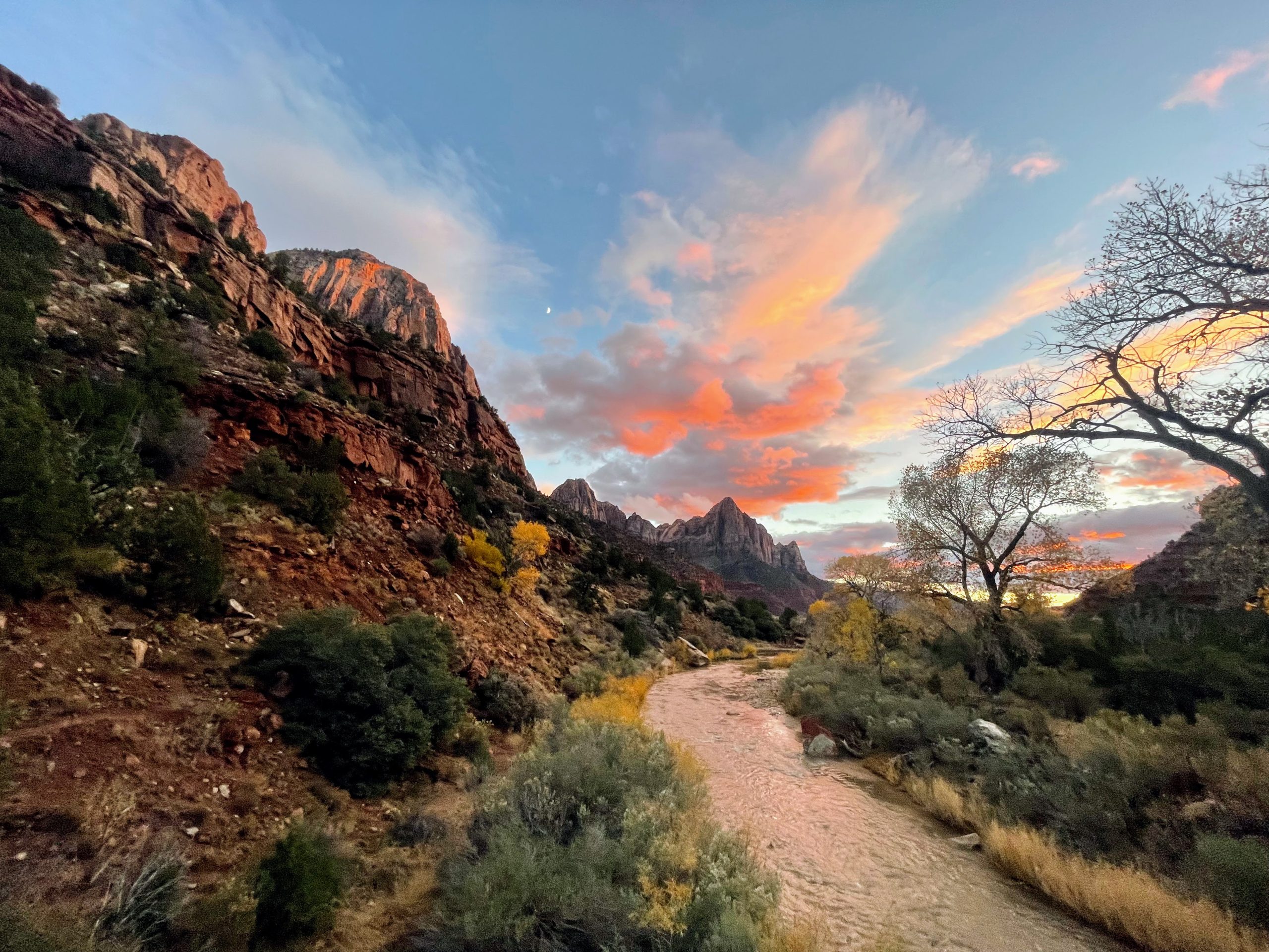 Pink clouds over the Watchman as the Virgin River catches the last light, NPS photo by Serena Wurmser