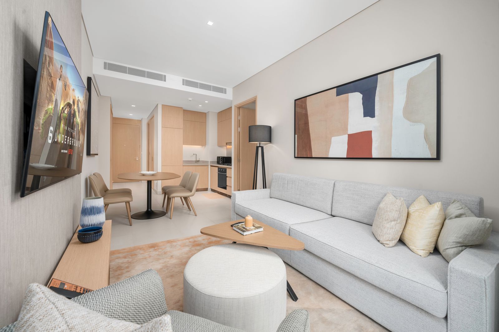 Minimalist living room with open kitchen for creating real estate presets