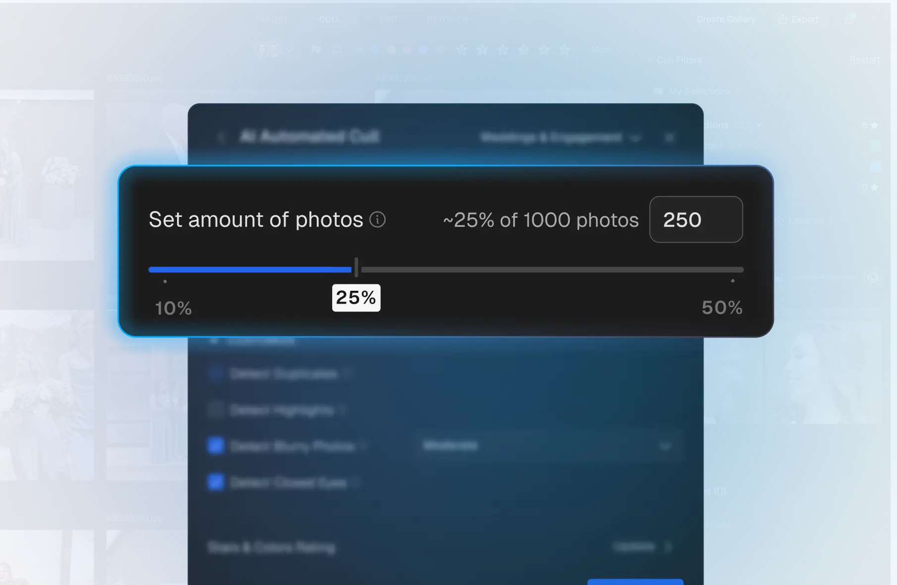 Aftershoot screen for setting a target photo count