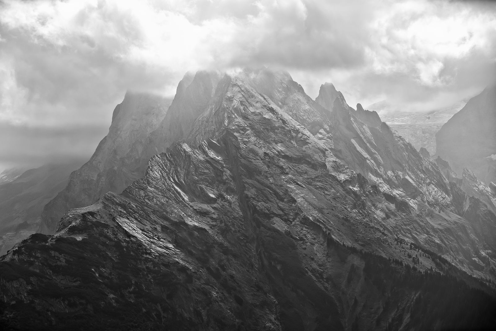 Dramatic black and white mountain peaks