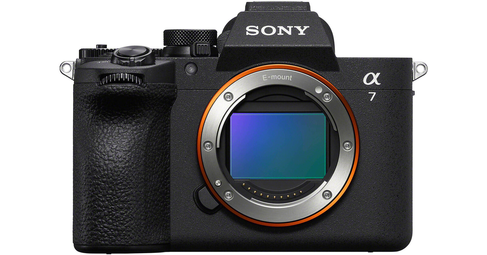 Front view of a Sony a7 V mirrorless camera body with E-mount and exposed full-frame sensor
