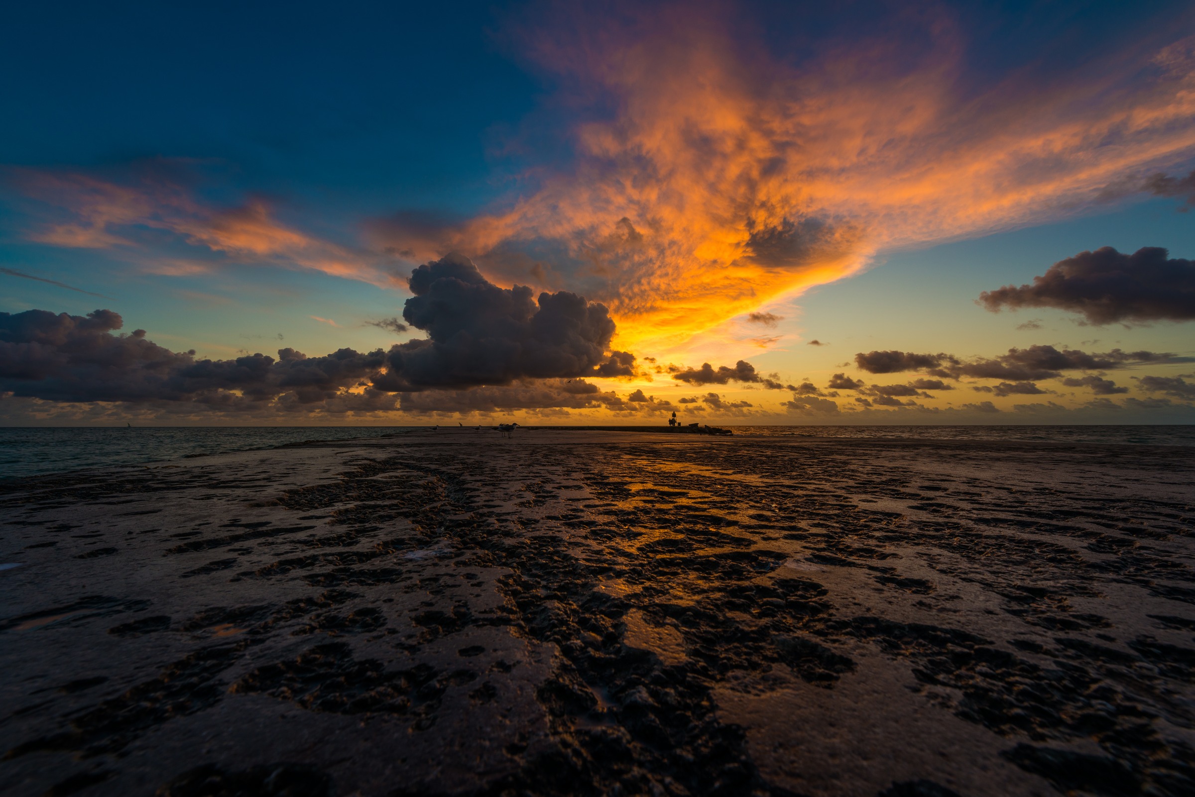 Fiery orange and purple clouds over dark tidal flats after sunset in Miami