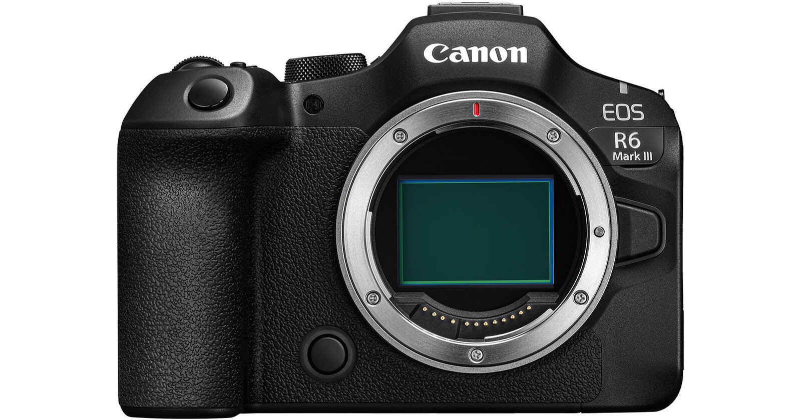 Front view of a Canon EOS R6 Mark III mirrorless camera body with RF mount and exposed sensor
