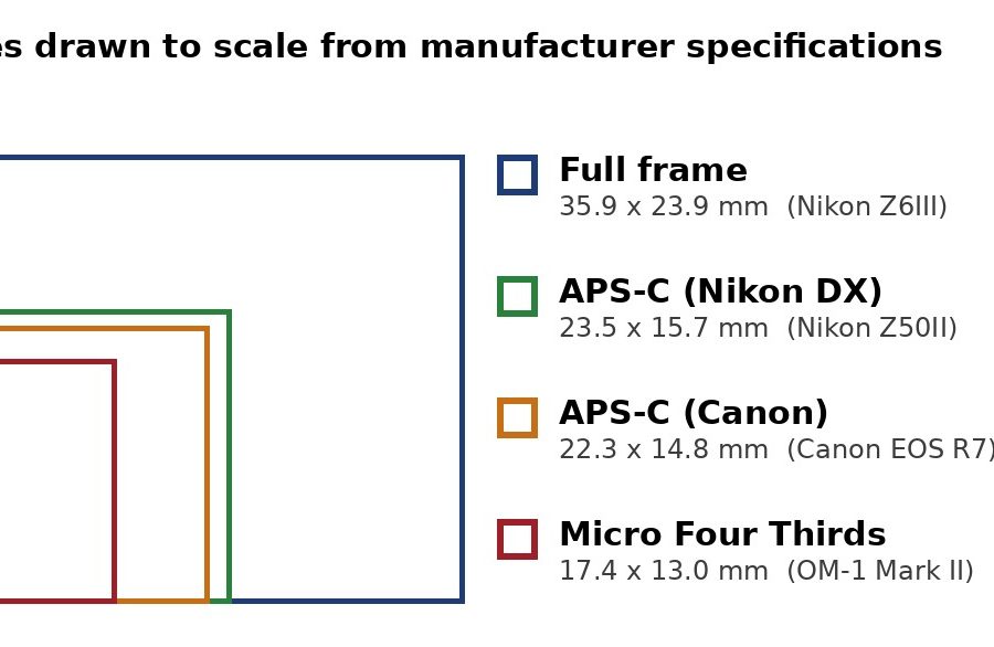 Four nested rectangles drawn to scale that compare a full frame sensor with two APS-C sizes and a Micro Four Thirds sensor