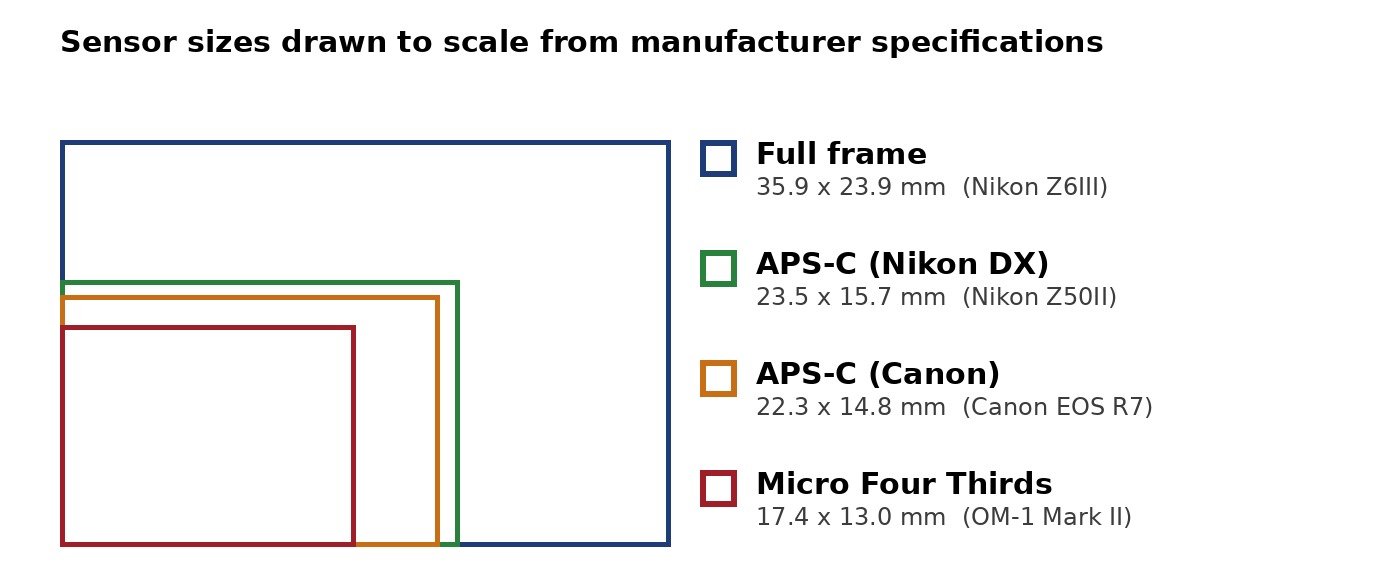 Four nested rectangles drawn to scale that compare a full frame sensor with two APS-C sizes and a Micro Four Thirds sensor