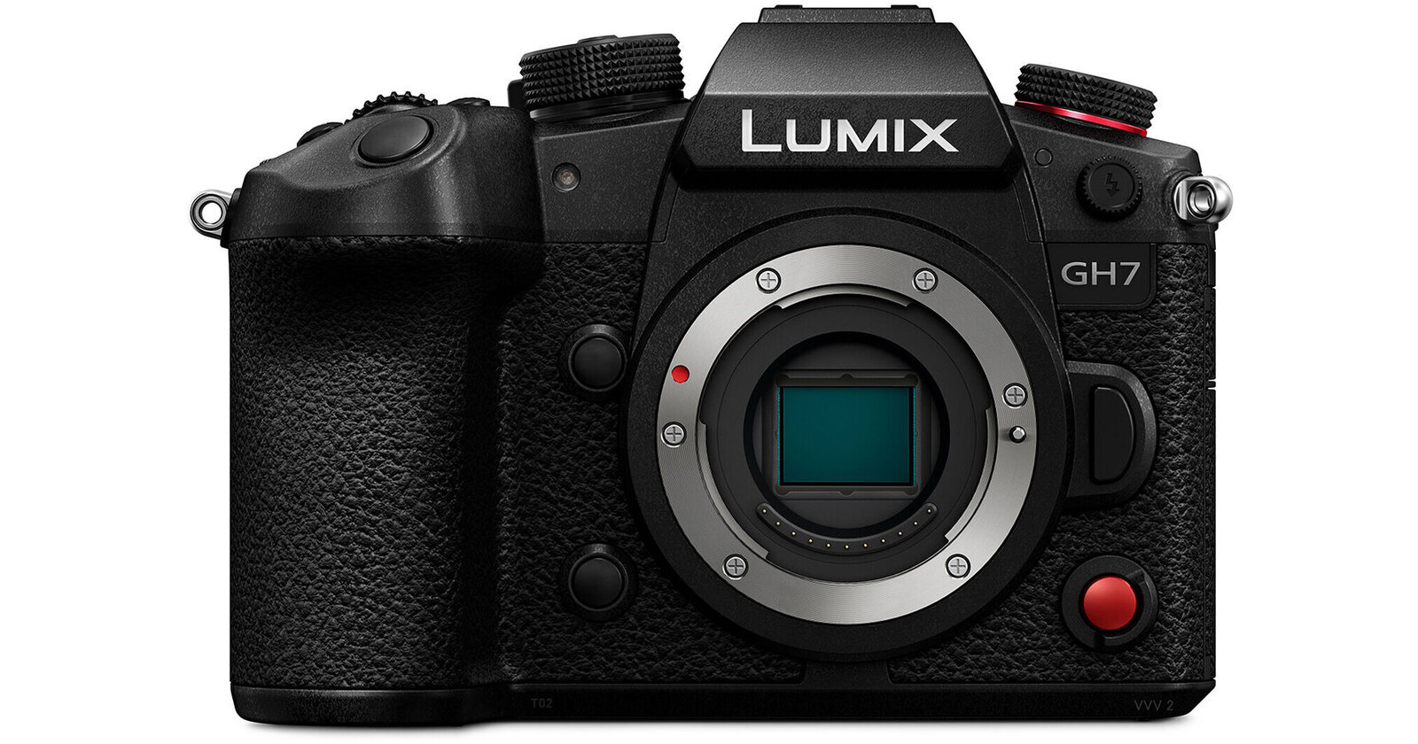 Front view of a Panasonic Lumix GH7 mirrorless camera body with Micro Four Thirds mount and exposed sensor