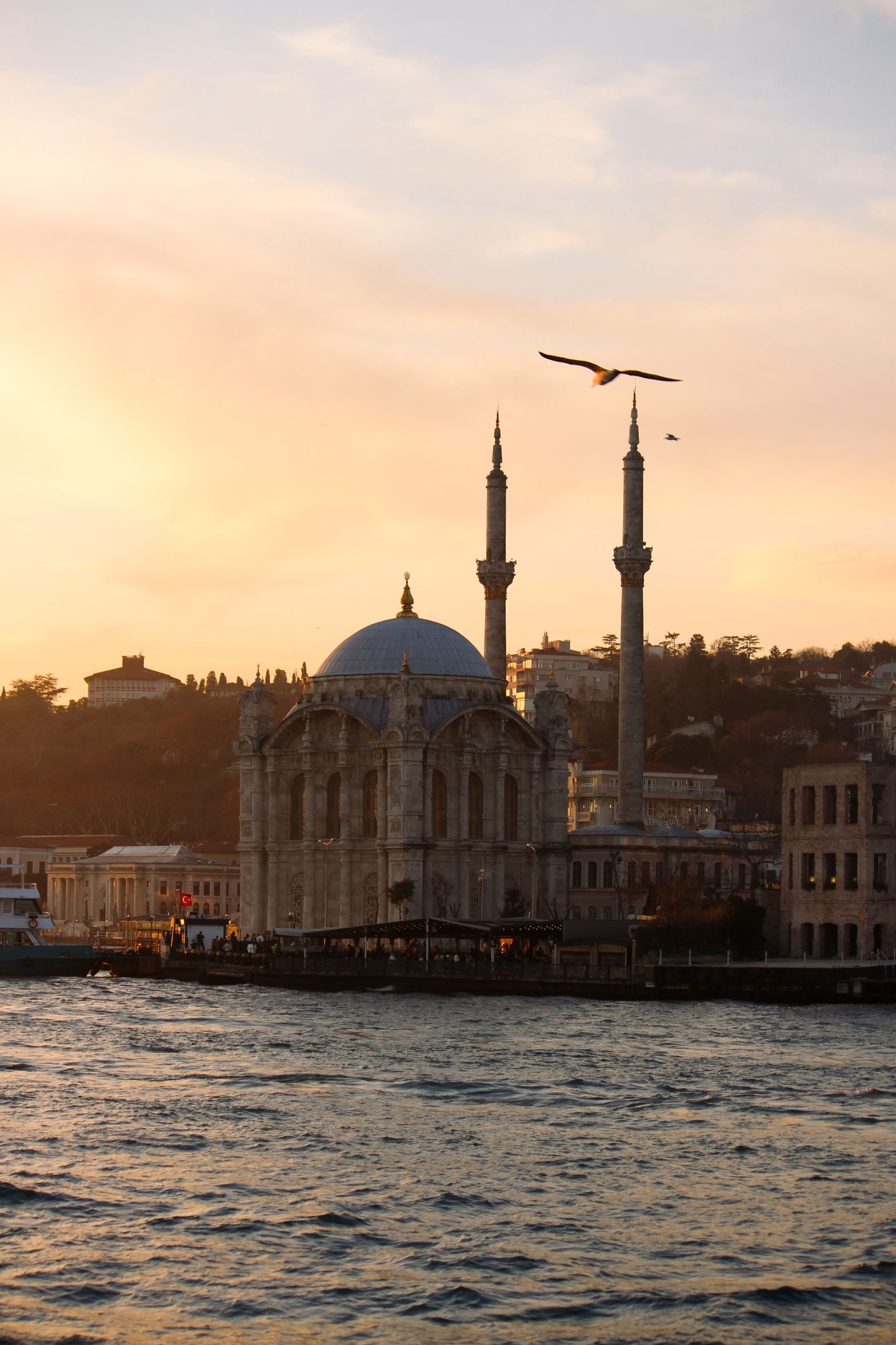 Ortakoy Mosque beside the Istanbul waterfront at sunset