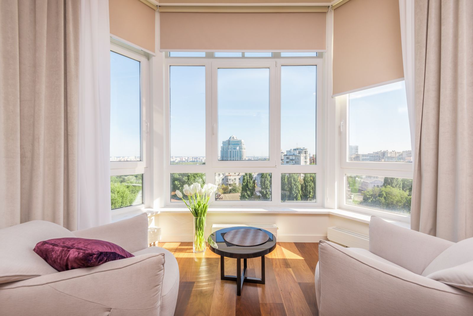 Bright room with big windows, a classic HDR real estate bracketing scene
