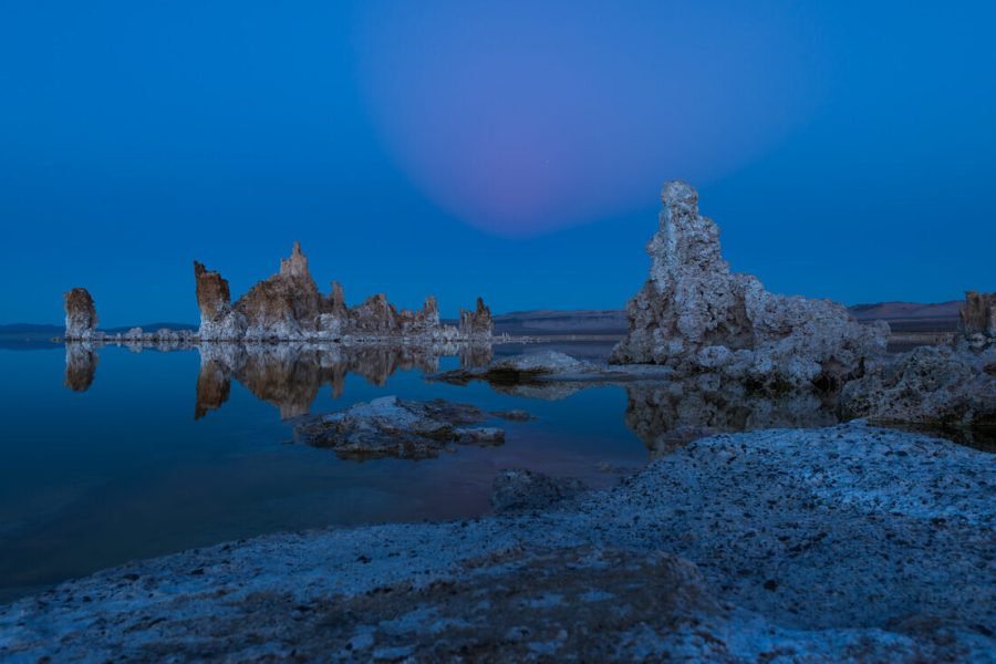Tufa towers reflected in still water at Mono Lake at blue hour with a soft pink glow in the sky