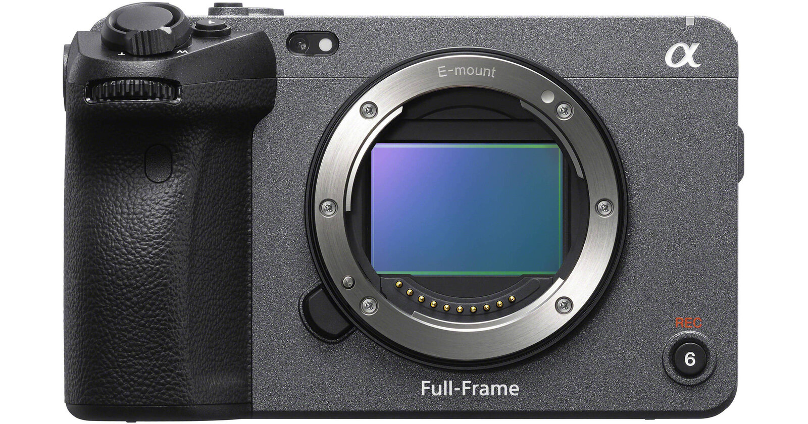 Front view of a Sony FX3 full-frame cinema camera with E-mount and exposed sensor