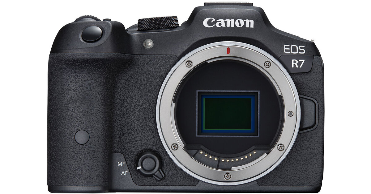 Canon EOS R7 mirrorless camera body, front view with RF mount and APS-C sensor