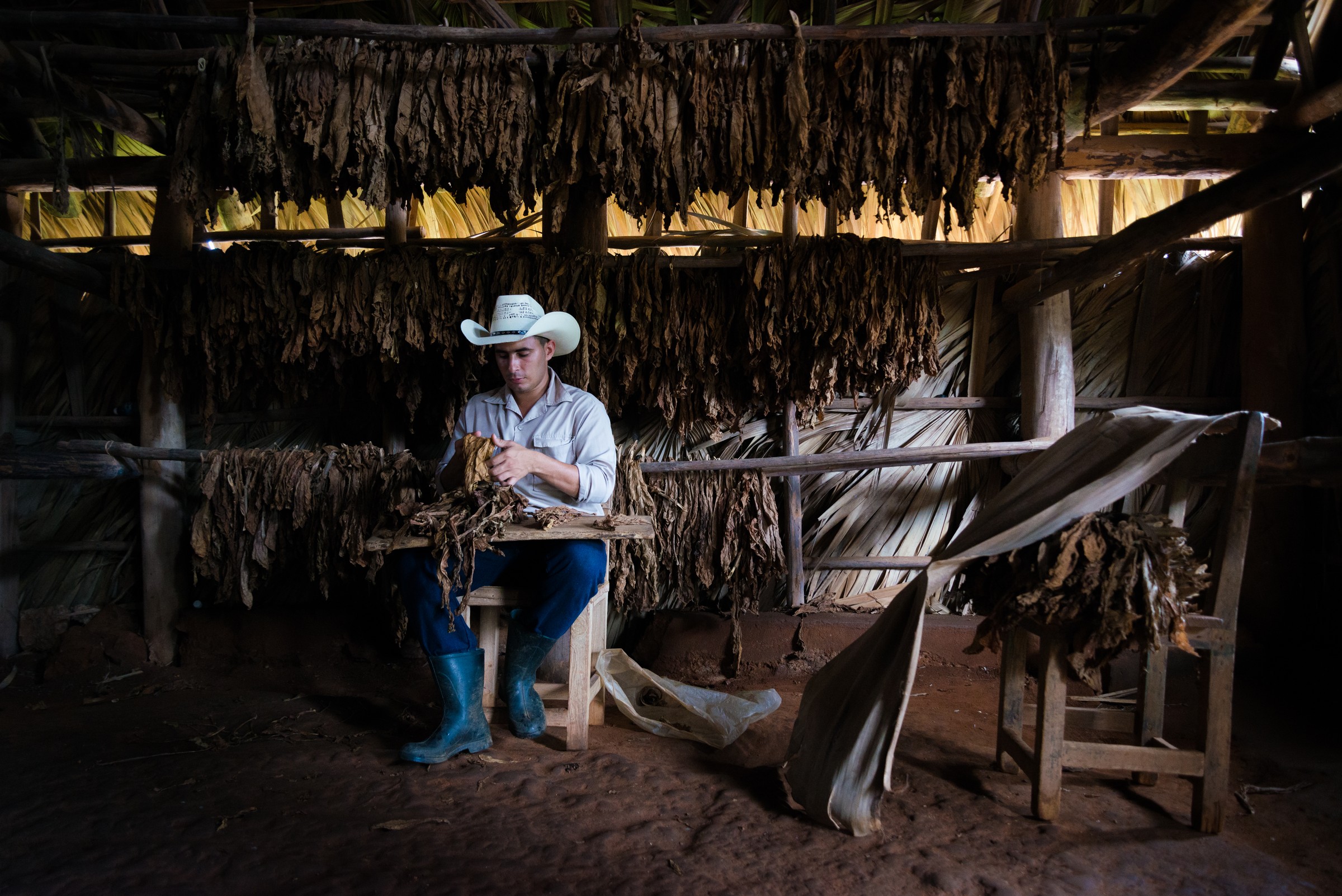 A man working in near-darkness inside a tobacco drying barn in Cuba, deep underexposed shadows showing the limits of what noise reduction can recover