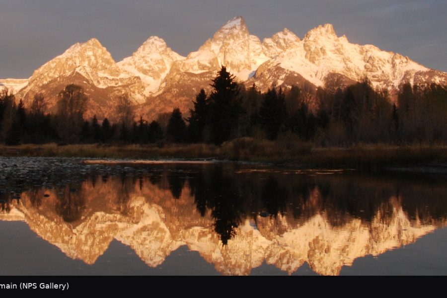 The Teton range mirrored in a still slough below the peaks, per the NPS title.