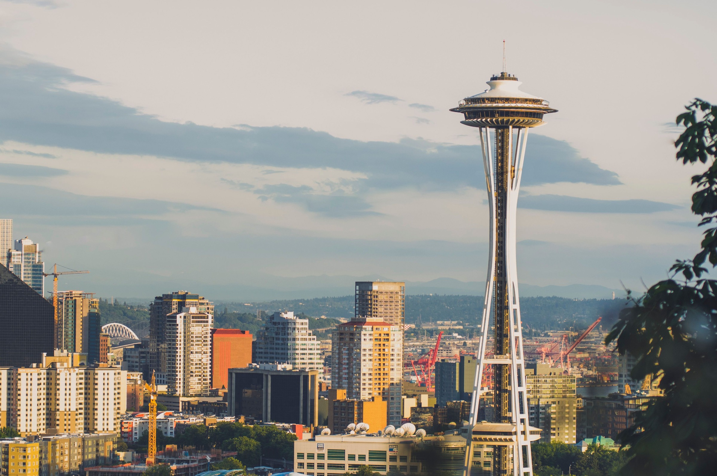 Tight Seattle Space Needle view with buildings and tree branches