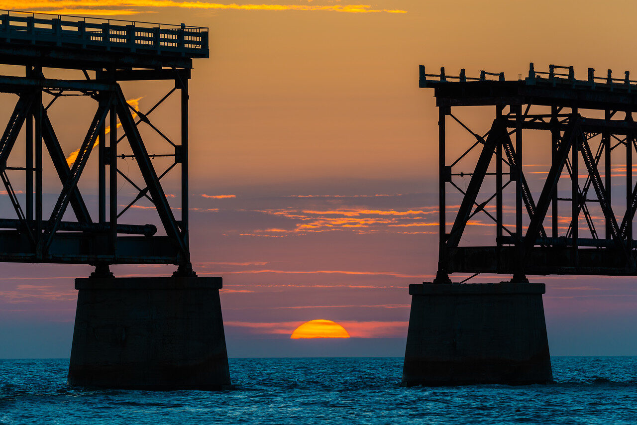 Bahia Honda old bridge missing-span sunset, historic photograph by Edin Chavez