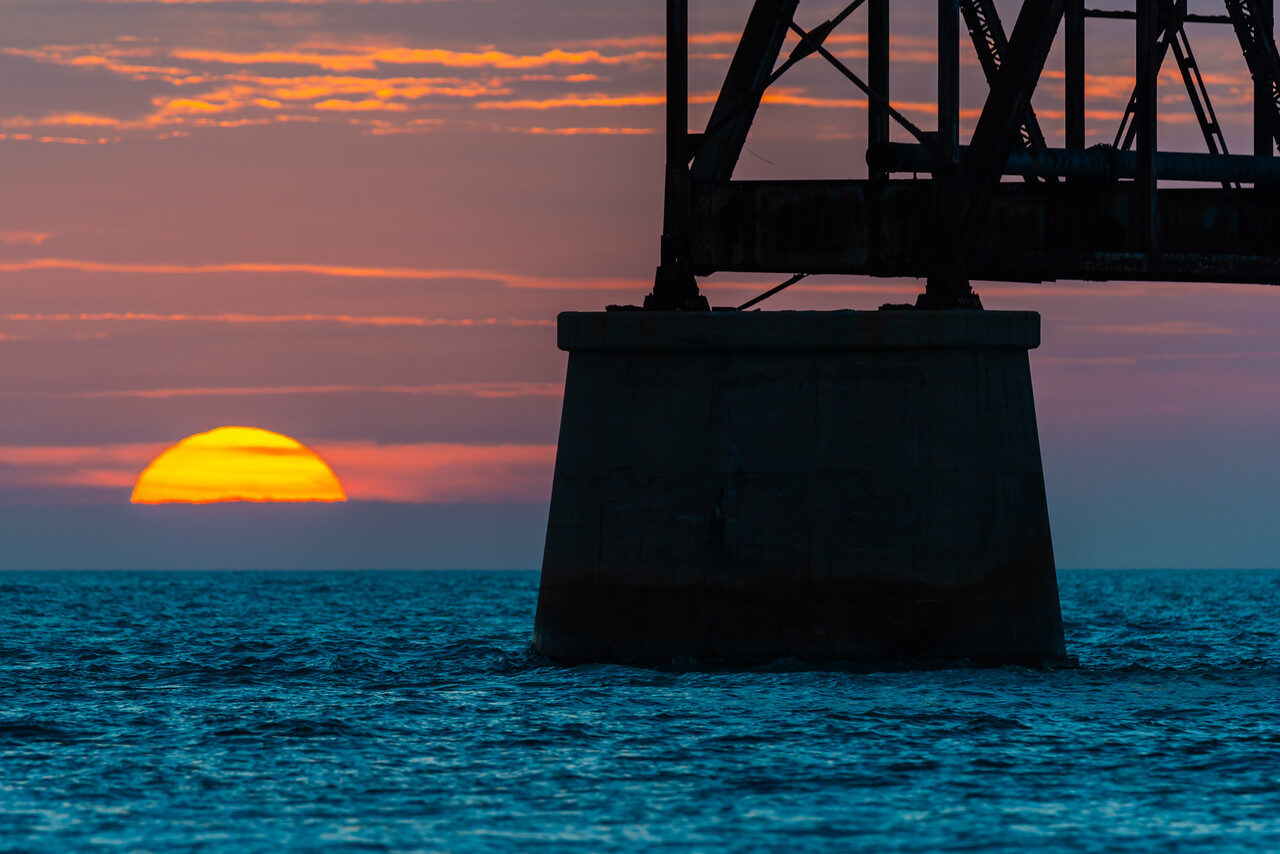 Bahia Honda sunset with one pier and truss, historic photograph by Edin Chavez