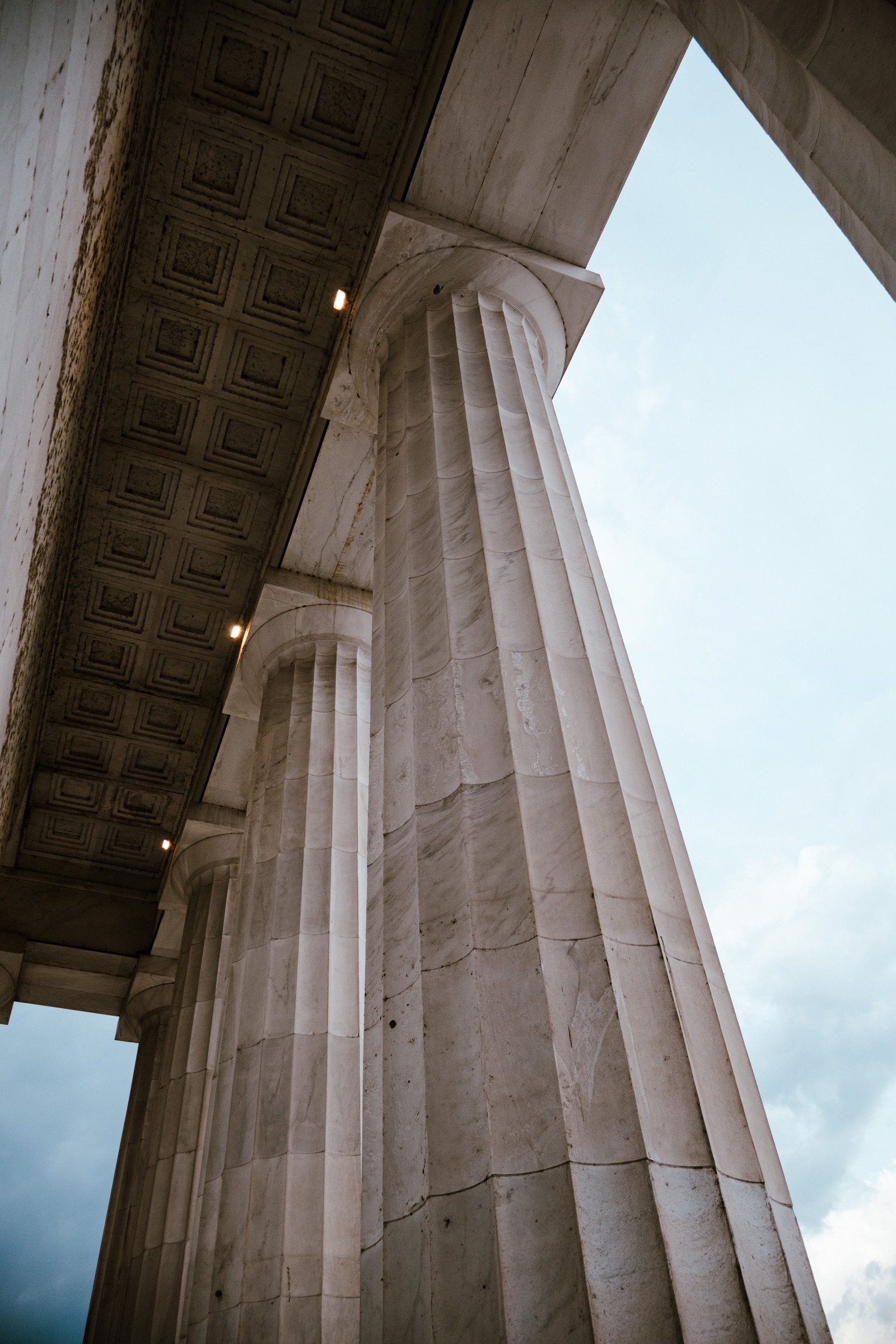 Upward view of Lincoln Memorial columns and coffered roof