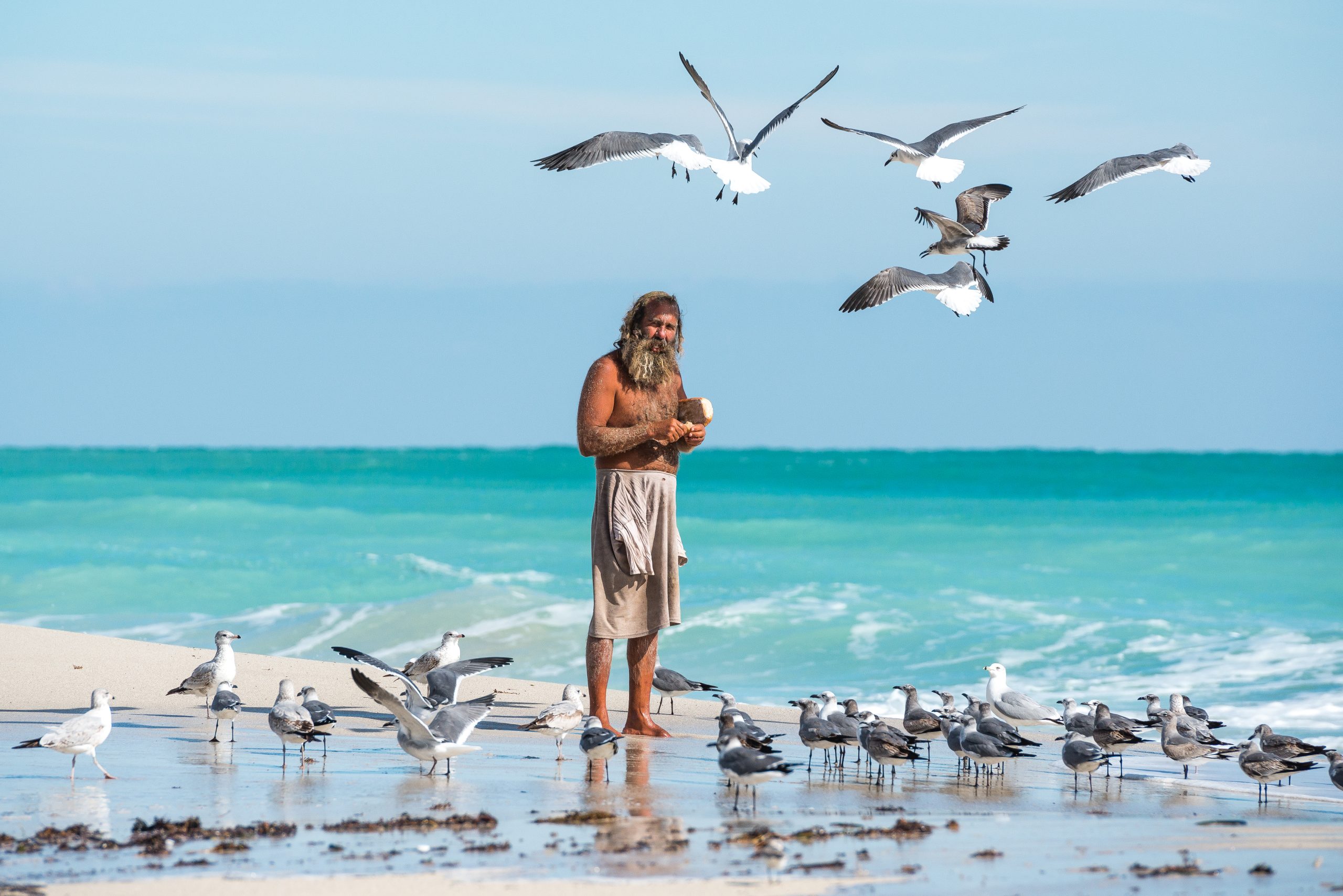 A man tossing bread to seagulls on the sand in hard midday light, with bright sea behind him, on Miami Beach