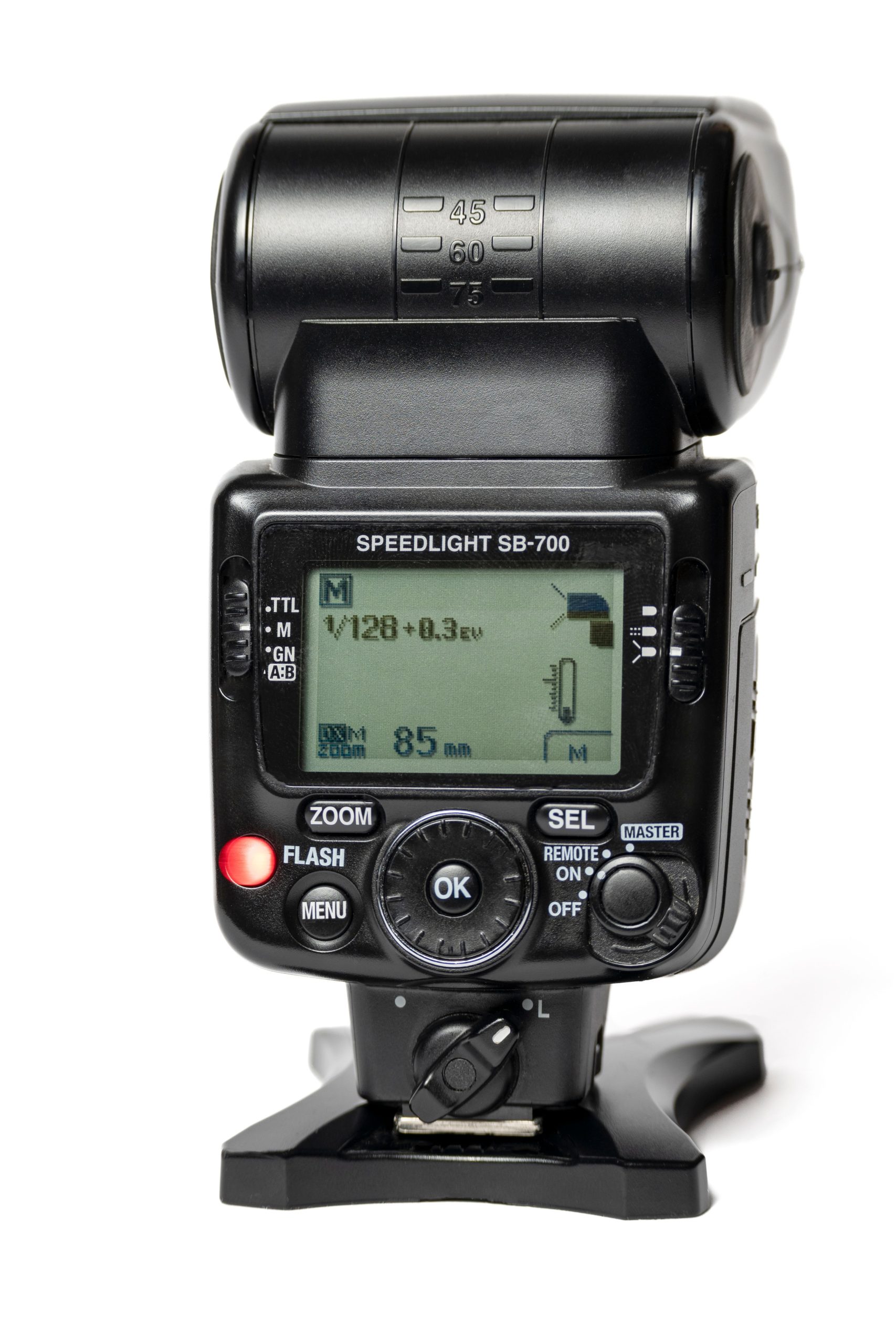 Rear control panel of a Nikon SB-700 speedlight flash
