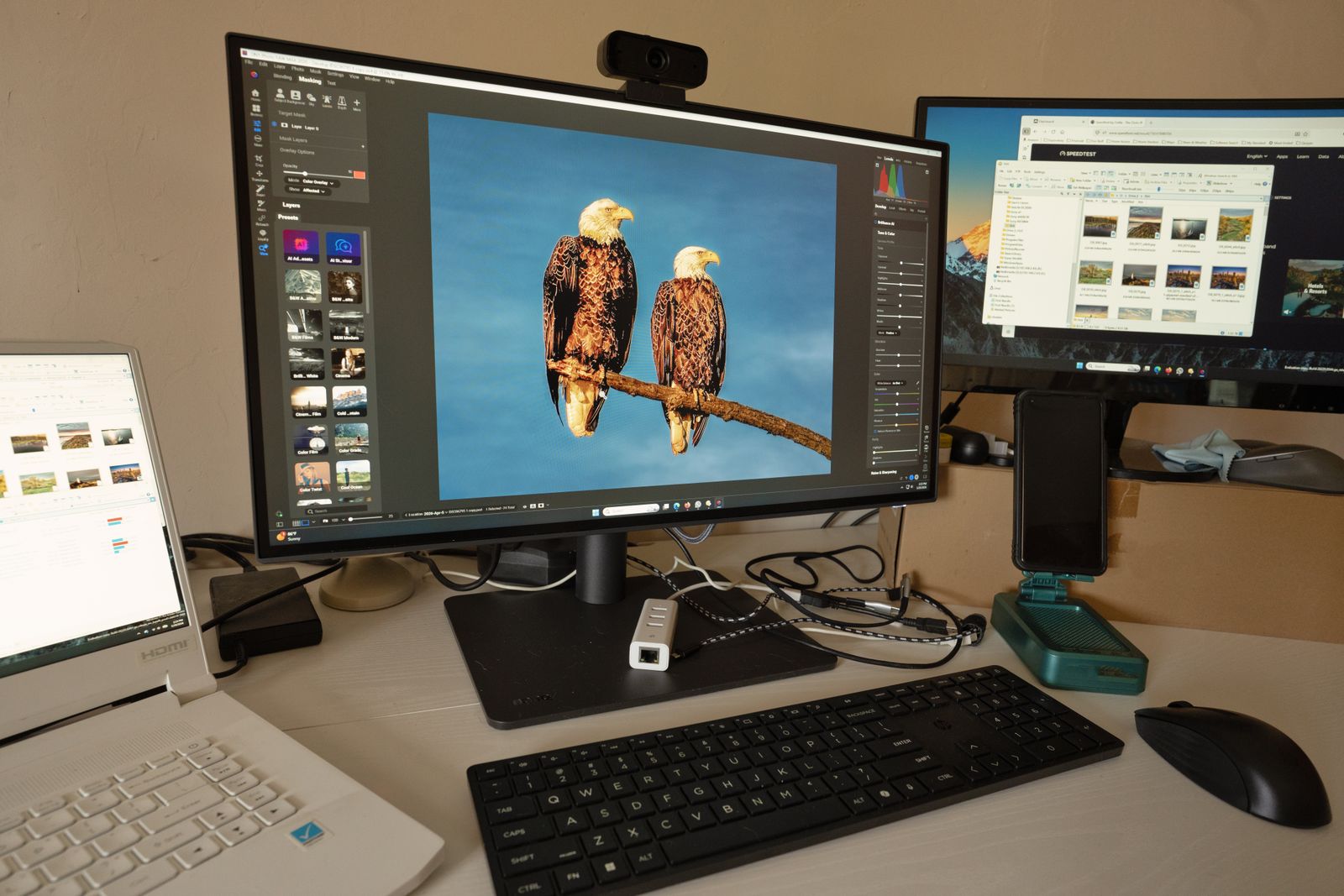 Photo editing workspace with multiple monitors