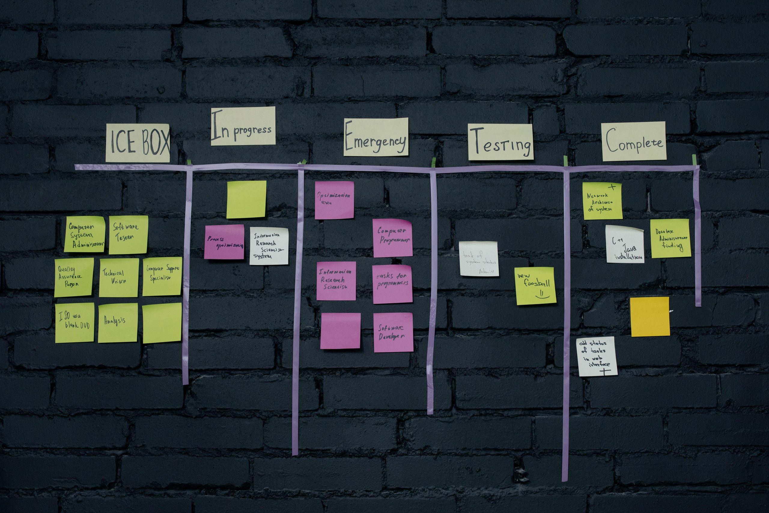 Colored task notes arranged in columns on a dark wall. (Stock photo, illustrative.)