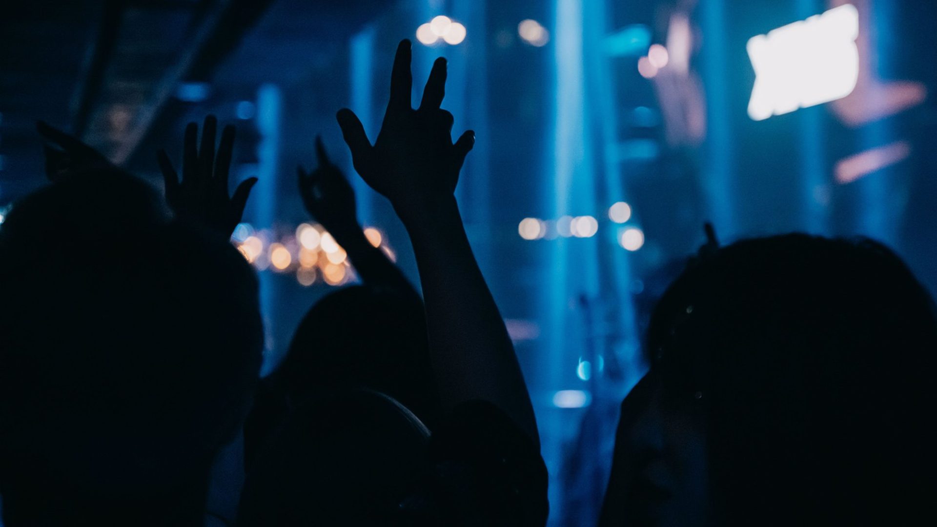 Silhouetted concert audience with raised hands under blue stage lights. (Stock photo, illustrative.)