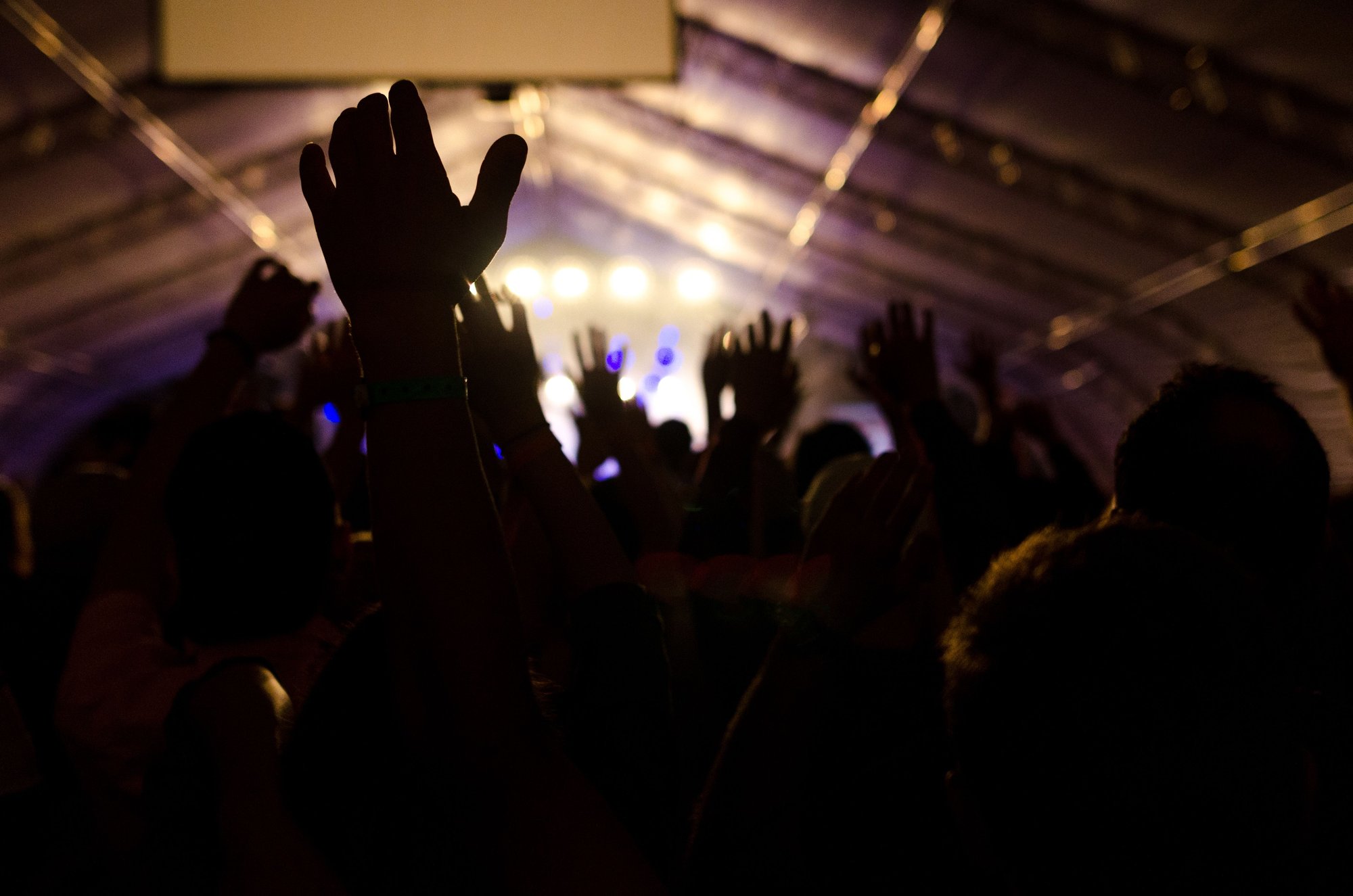 Silhouetted crowd with raised hands at an indoor concert. (Stock photo, illustrative.)