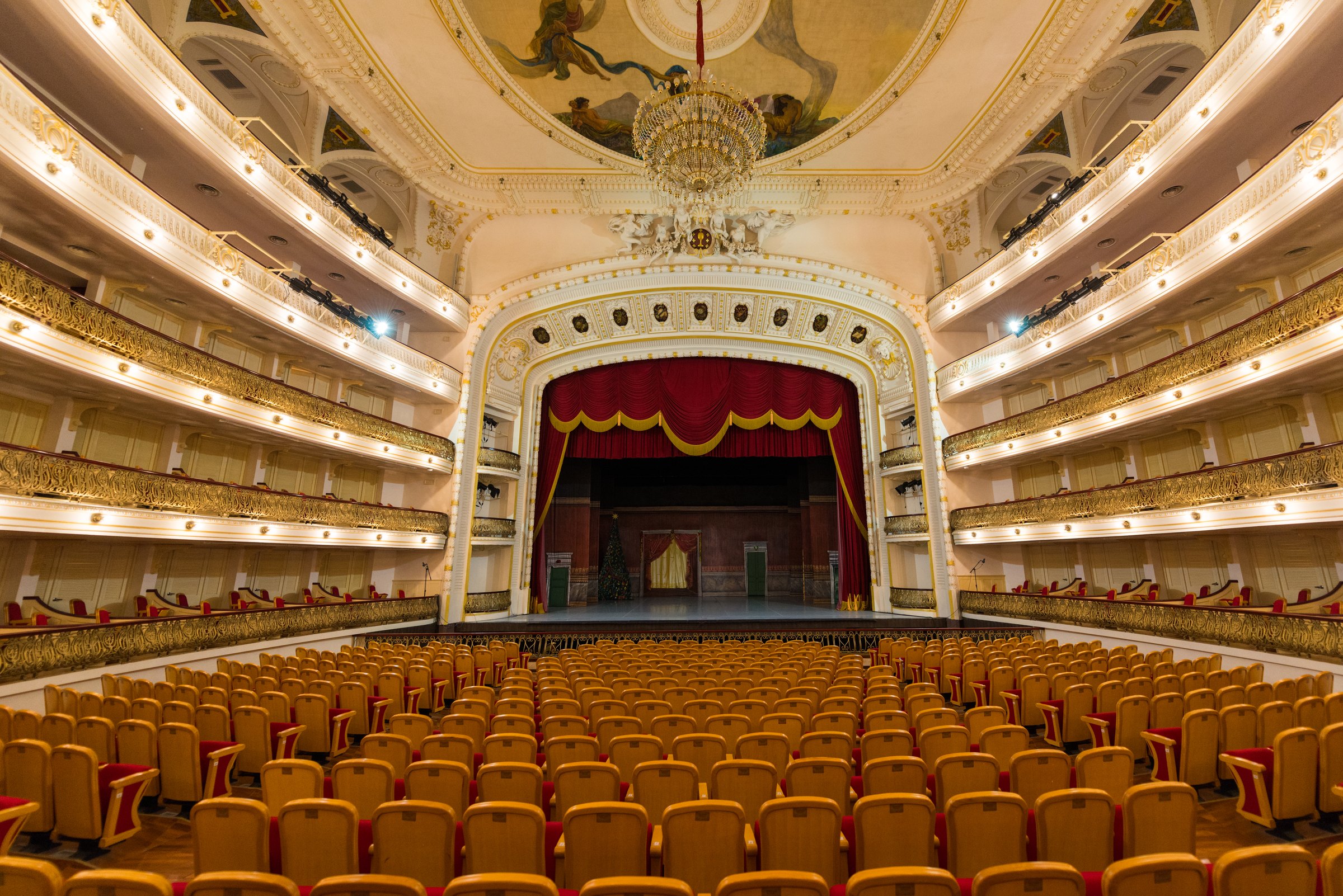 Interior of the Gran Teatro de La Habana, Cuba, with stage and seating