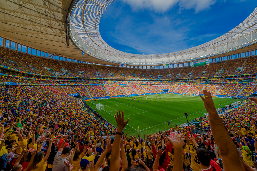 Fans cheering in a packed soccer stadium during a daytime match