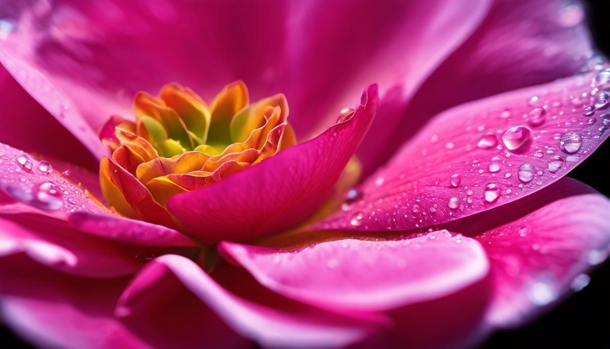 A close-up image of a water droplet on a rose petal, capturing the intricate reflection and texture of the surface.