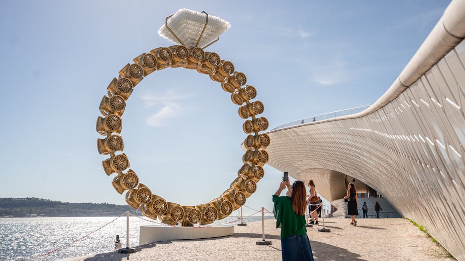 Modern architecture and public art installations in the Miami Design District, with fashionable people shopping